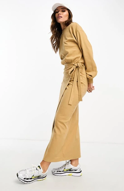 Shop Asos Design Long Sleeve Wrap Dress In Camel
