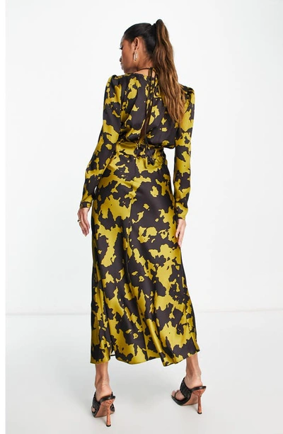 Shop Asos Design Corsage Rosette Long Sleeve Satin Dress In Yellow
