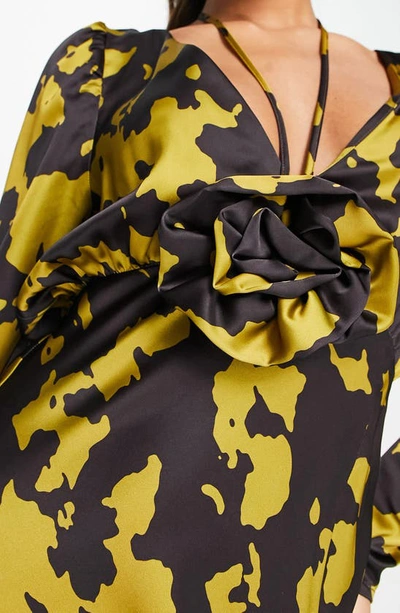 Shop Asos Design Corsage Rosette Long Sleeve Satin Dress In Yellow