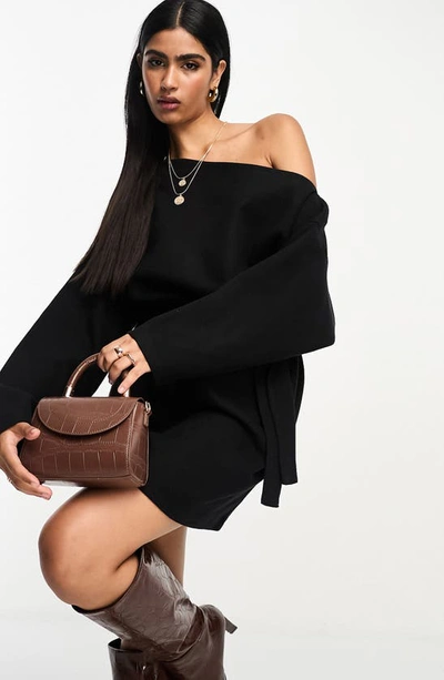 Shop Asos Design One-shoulder Long Sleeve Minidress In Black
