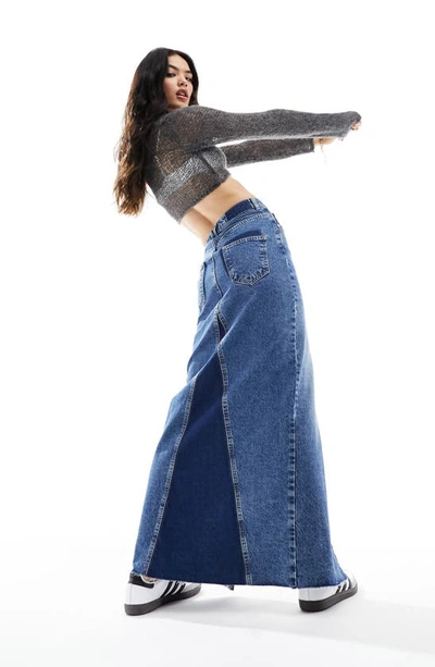 Shop Asos Design Asymmetric Denim Maxi Skirt In Mid Blue