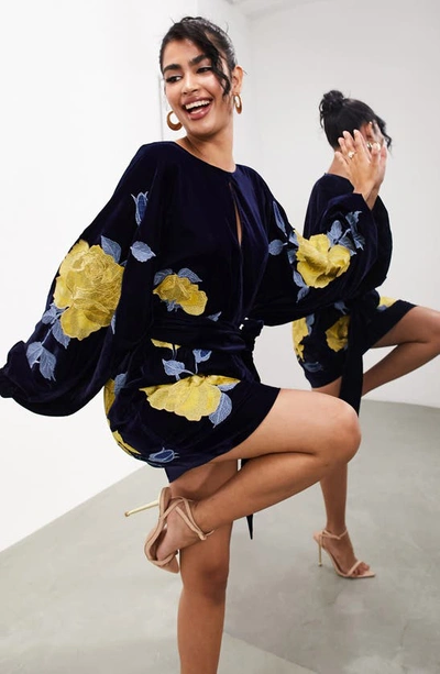 Shop Asos Design Edition Floral Embroidered Long Sleeve Minidress In Navy