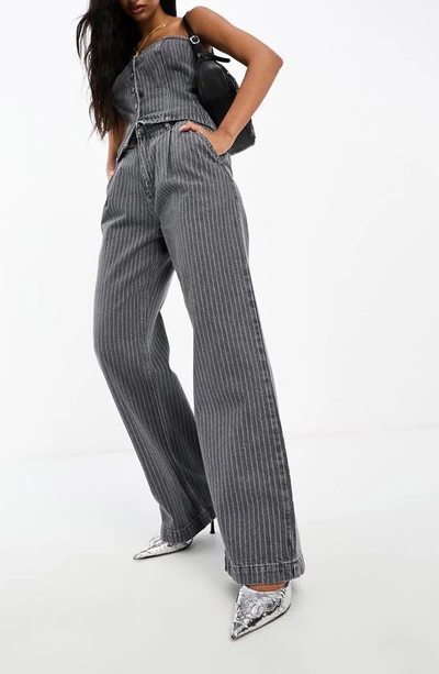 Shop Asos Design Pinstripe Straight Leg Jeans In Grey