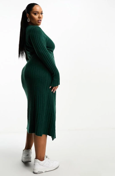 Shop Asos Design Curve Long Sleeve Midi Wrap Sweater Dress In Dark Green