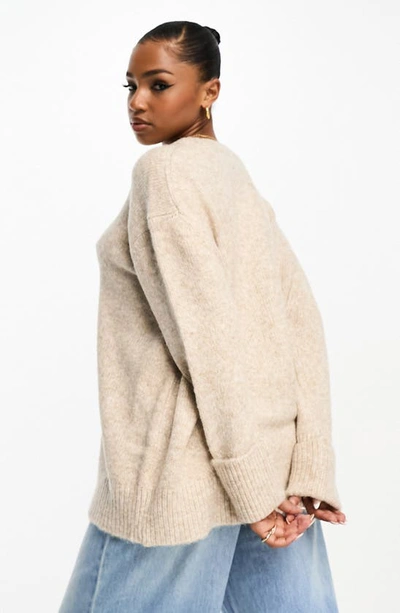 Shop Asos Design Oversize Crewneck Sweater In Beige