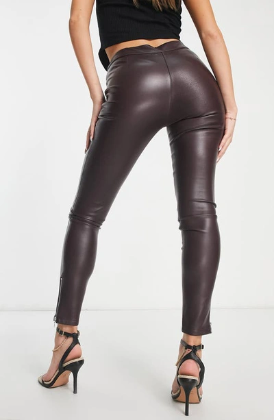 Shop Asos Design Faux Leather Skinny Biker Pants In Brown