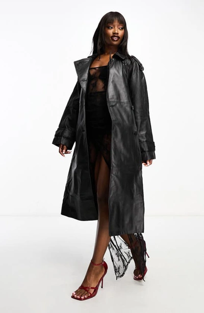 Shop Asos Design Leather Trench Coat In Black