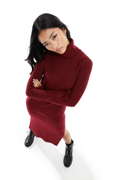 Shop Asos Design Long Sleeve Ribbed Sweater Dress In Burgundy