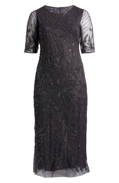 Pisarro Nights Beaded Elbow Sleeve A-line Dress In Slate
