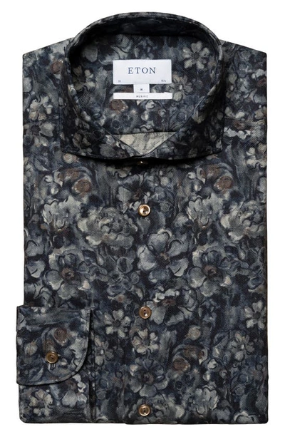 Shop Eton Contemporary Fit Floral Print Merino Wool Dress Shirt In Dark Blue