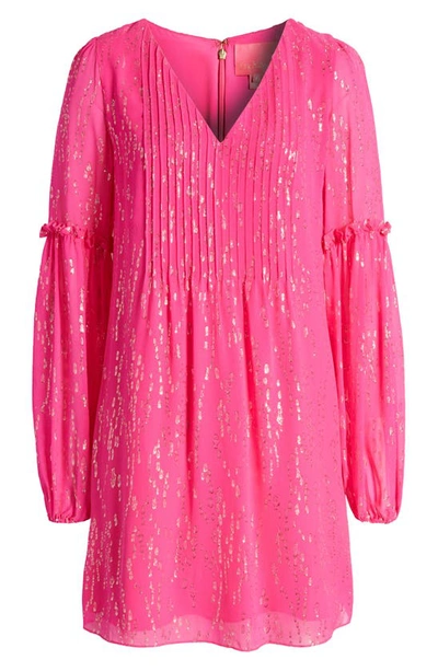 Shop Lilly Pulitzer Cleme Metallic Fil Coupé Long Sleeve Silk Chiffon Shift Dress In Pink Palms Fish Clip Chiffon