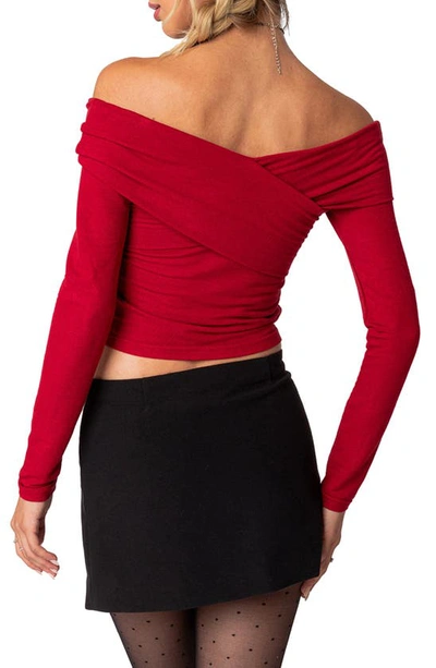Edikted Off The Shoulder Long Sleeve Crop Top In Red