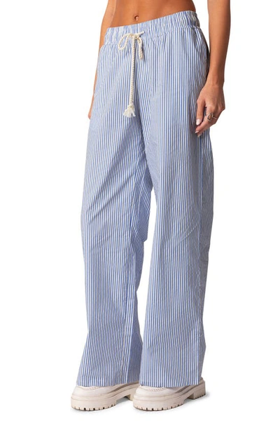 Edikted Stripe Wide Leg Drawstring Cotton Pants In Blue