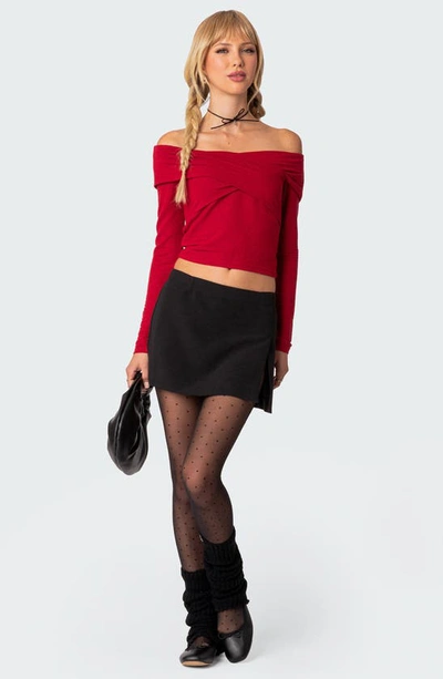 Edikted Off The Shoulder Long Sleeve Crop Top In Red