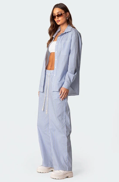 Edikted Stripe Wide Leg Drawstring Cotton Pants In Blue