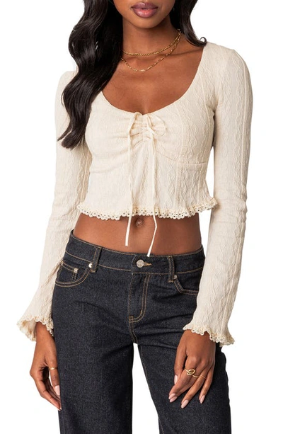 Edikted Lacey Long Sleeve Knit Crop Top In Neutral