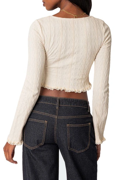 Edikted Lacey Long Sleeve Knit Crop Top In Neutral