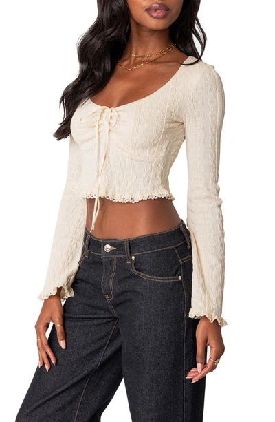 Edikted Lacey Long Sleeve Knit Crop Top In Neutral