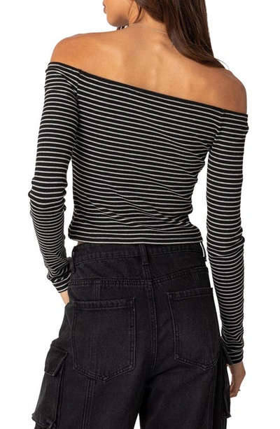 Edikted Canary Stripe Off The Shoulder Rib Crop Top In Black