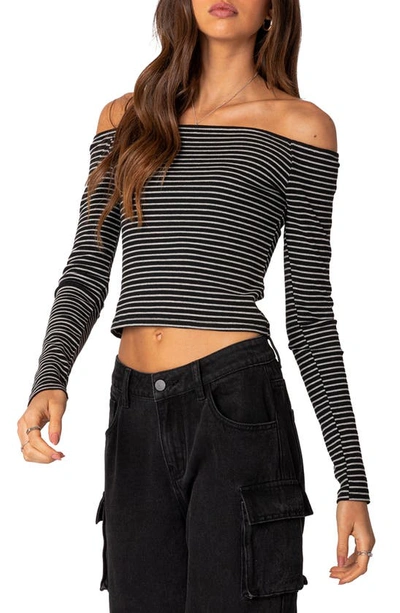 Edikted Canary Stripe Off The Shoulder Rib Crop Top In Black