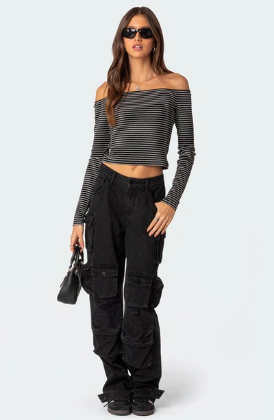 Edikted Canary Stripe Off The Shoulder Rib Crop Top In Black