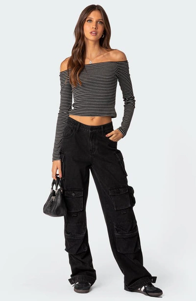 Edikted Canary Stripe Off The Shoulder Rib Crop Top In Black