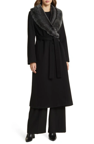 Shop Fleurette Rory Genuine Shearling Collar Belted Wool Coat In Black W/ Brisa