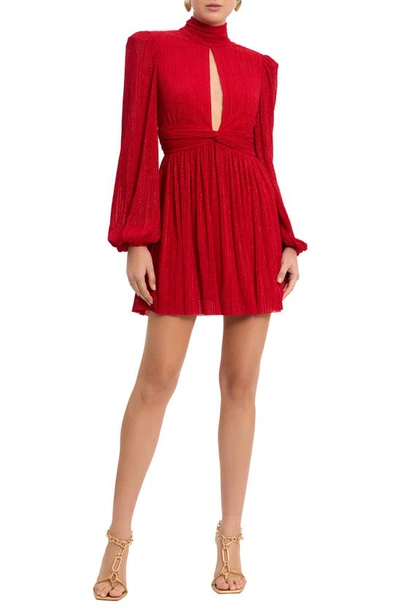 Shop Rebecca Vallance Samantha Keyhole Long Sleeve Plissé Recycled Polyester Minidress In Red