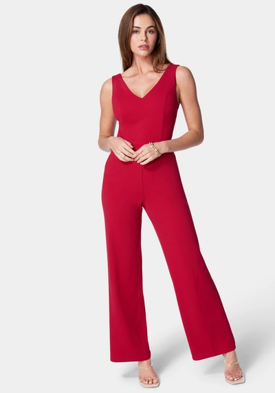 Bebe V-neck Scuba Jumpsuit In Red