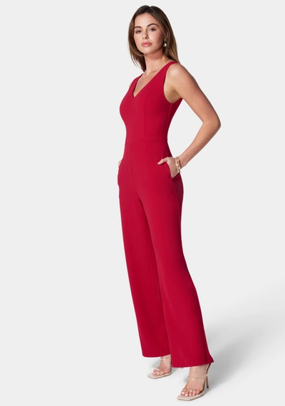 Bebe V-neck Scuba Jumpsuit In Red