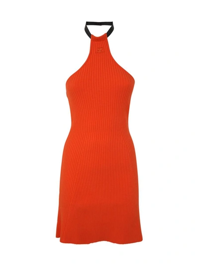 Shop Courrèges Mini Choker Rib Knit Dress Clothing In Yellow & Orange