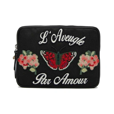 Shop Gucci Women's Black Techno Canvas Embroidered Butterfly Ipad Case Clutch