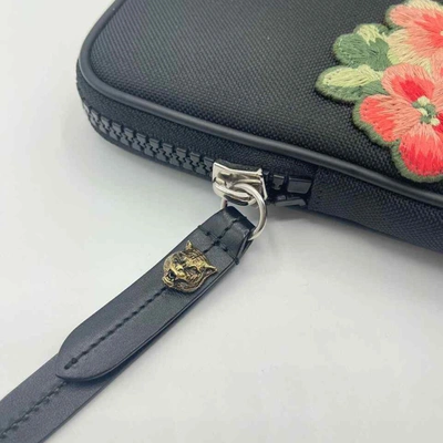 Shop Gucci Women's Black Techno Canvas Embroidered Butterfly Ipad Case Clutch