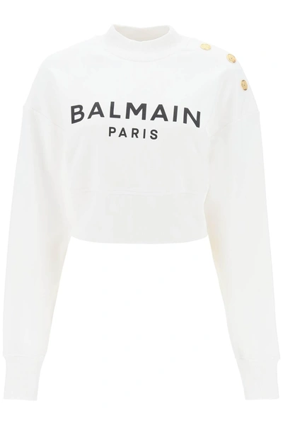Shop Balmain Cropped Sweatshirt With Logo Print And Buttons