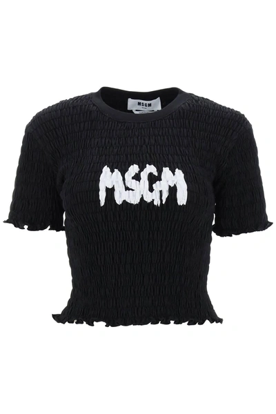 Shop Msgm Smocked T Shirt With Logo Print