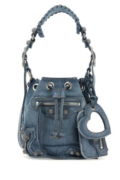 Shop Balenciaga Woman Denim Le Cagole Xs Bucket Bag In Blue