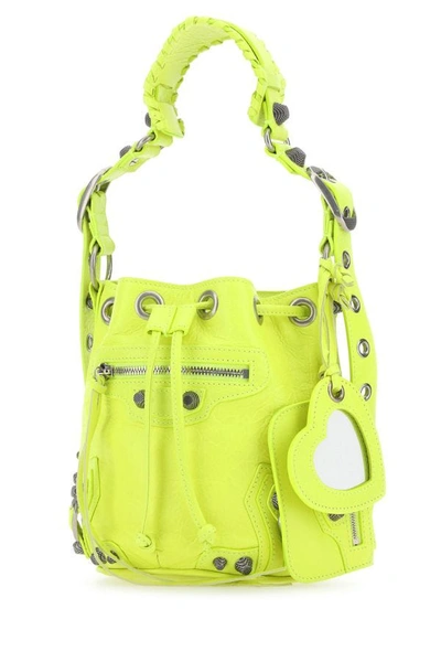 Shop Balenciaga Woman Fluo Yellow Leather Le Cagole Xs Bucket Bag