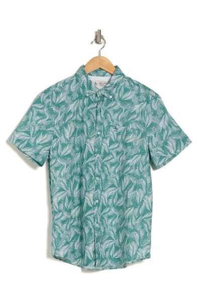 Shop Original Penguin Palm Print Short Sleeve Button-up Shirt In Pacific