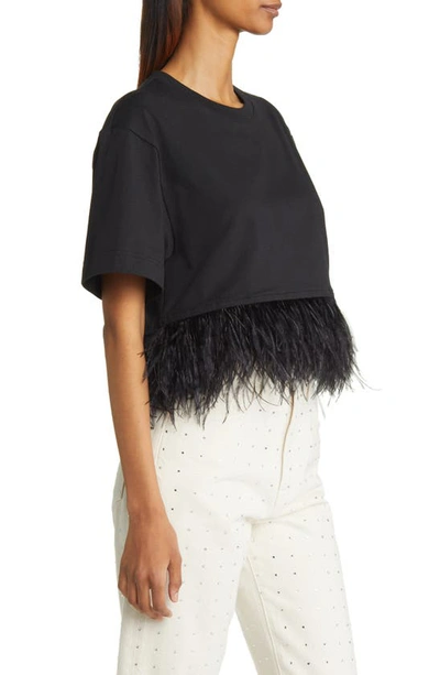 Shop Frame Ostrich Feather Trim Crop T-shirt In Noir