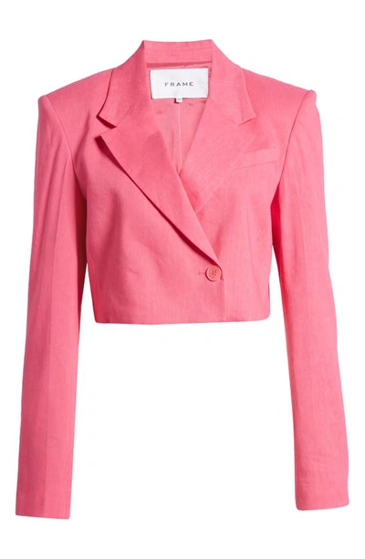 Shop Frame Strong Shoulder Crop Organic Linen Blend Blazer In Flamingo