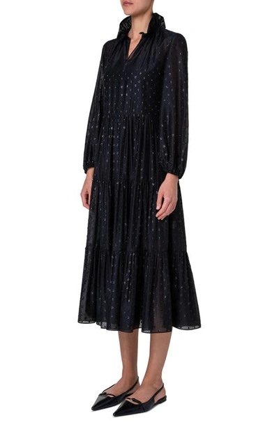 Shop Akris Punto Metallic Dot Long Sleeve Organza Midi Dress In Black