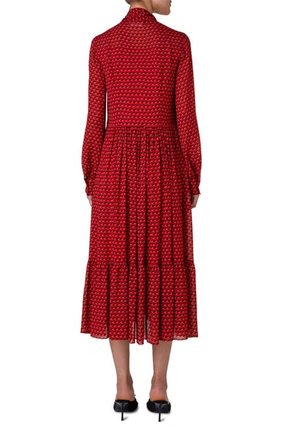 Akris Punto Flamingo Dot Print Long Sleeve Crepe Midi Dress In Red-coral-black