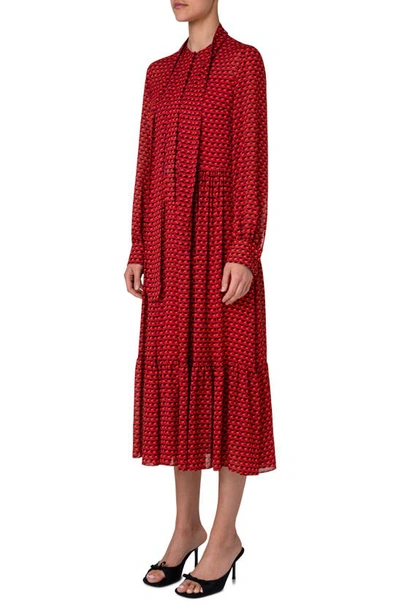 Shop Akris Punto Flamingo Dot Print Long Sleeve Crepe Midi Dress In Red-coral-black