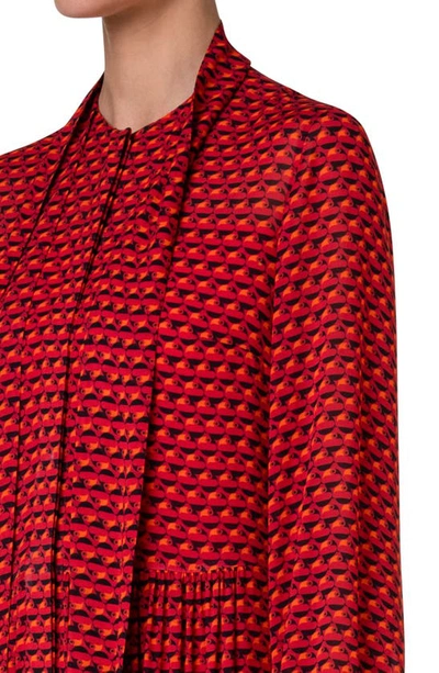 Akris Punto Flamingo Dot Print Long Sleeve Crepe Midi Dress In Red-coral-black