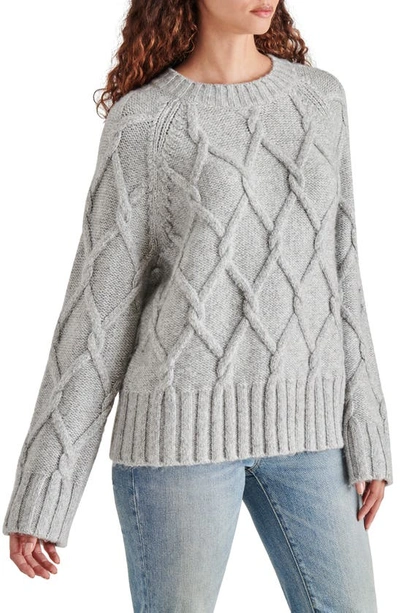 Shop Steve Madden Micah Metallic Cable Stitch Crewneck Sweater In Silver Grey