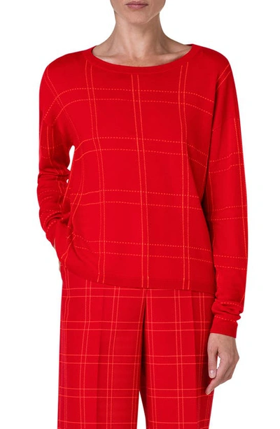 Shop Akris Punto Windowpane Plaid Virgin Wool Blend Sweater In Red