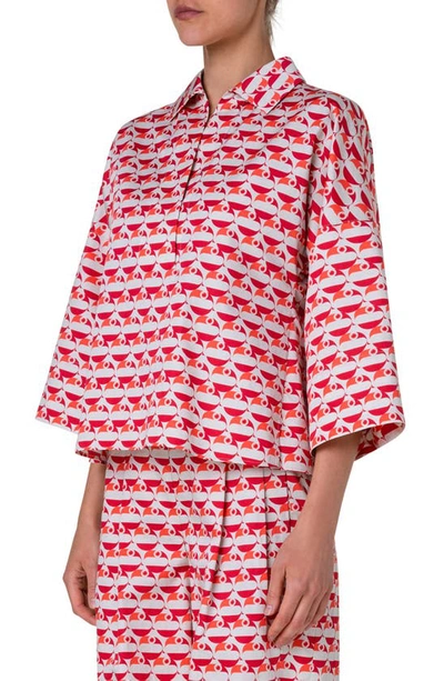 Shop Akris Punto Flamingo Dot Print Cotton Satin Shirt In Beige-red-coral