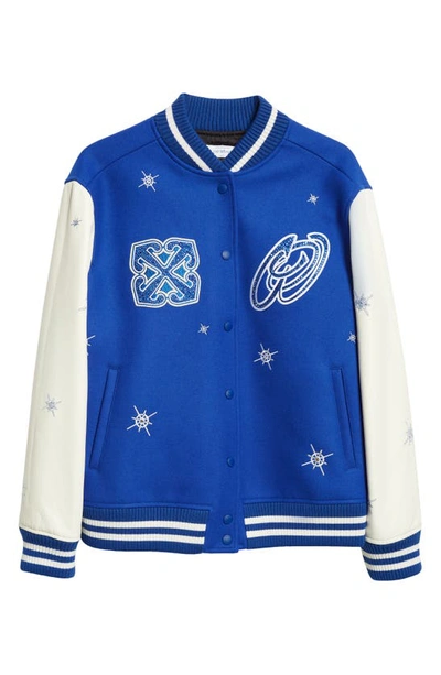Shop Off-white Bling Stars Leather & Virgin Wool Blend Varsity Jacket In Blue White