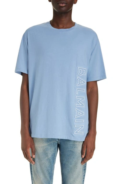 Shop Balmain Reflective Logo Embossed T-shirt In Slj Pale Blue/ White