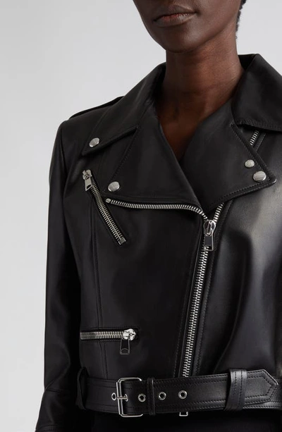 Shop Alexander Mcqueen Leather Crop Biker Jacket In 1000 Black